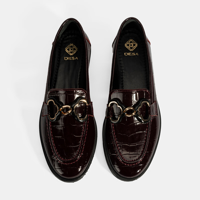 Kadın Bordo Kroko Baskılı Toka Detaylı Deri Loafer
