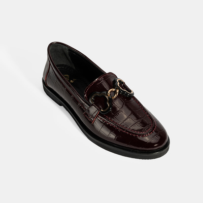 Kadın Bordo Kroko Baskılı Toka Detaylı Deri Loafer