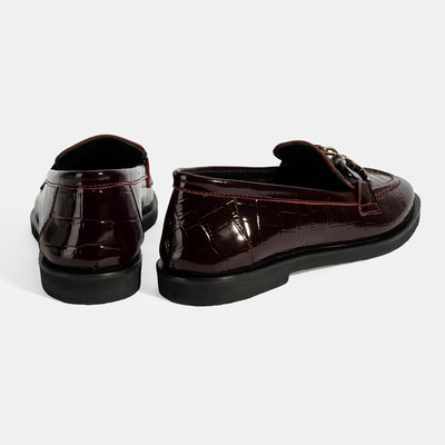 Kadın Bordo Kroko Baskılı Toka Detaylı Deri Loafer
