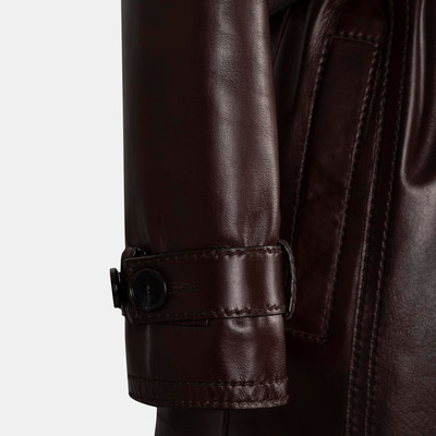 Kadın Bordo Yakalı Deri Trençkot