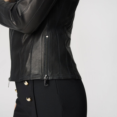 Kadın Deri Fit Panelli Biker Ceket