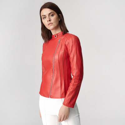 Kadın Deri Fit Panelli Biker Ceket