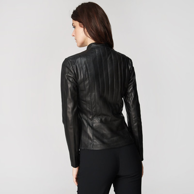 Kadın Deri Fit Panelli Biker Ceket