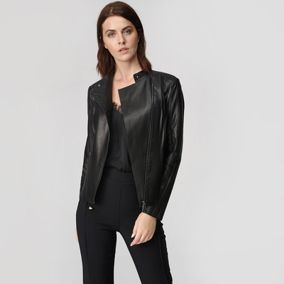 Kadın Deri Fit Panelli Biker Ceket