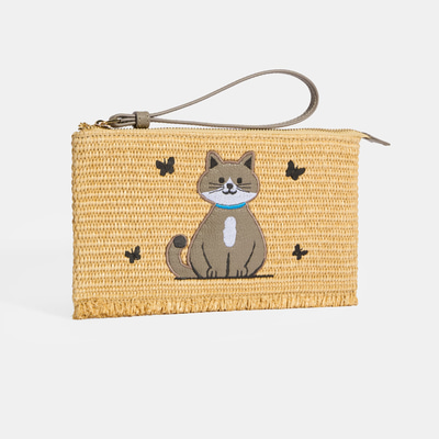 Kadın Gri Kedi Nakışlı Hasır Clutch