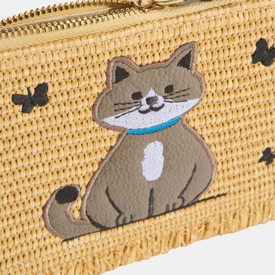 Kadın Gri Kedi Nakışlı Hasır Clutch