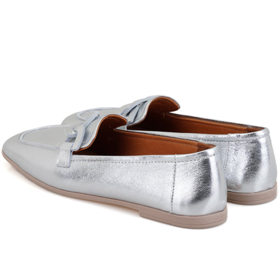 Kadın Gümüş Deri Loafer