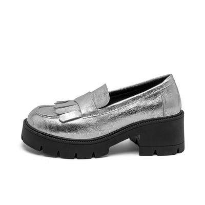 Kadın Gümüş Deri Püsküllü Loafer