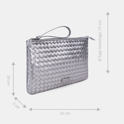 Kadın Gümüş El Örgüsü Deri Clutch