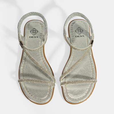 Kadın Gümüş Lastik Bantlı Taşlı Sandalet