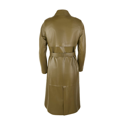 Kadın Haki Uzun Gömlek Yaka Deri Trençkot