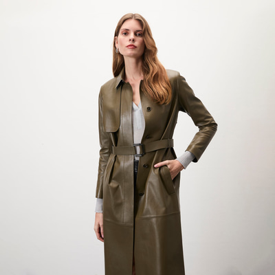Kadın Haki Uzun Gömlek Yaka Deri Trençkot