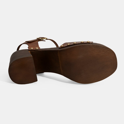 Kadın Kahve Ayarlanabilir Tokalı Deri Topuklu Sandalet