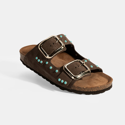 Kadın Kahve Ayarlanabilir Tokalı Süet Terlik