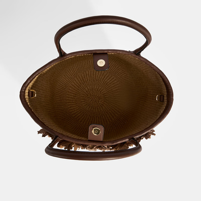 Kadın Kahve Çiçek Detaylı Hasır Omuz Çantası