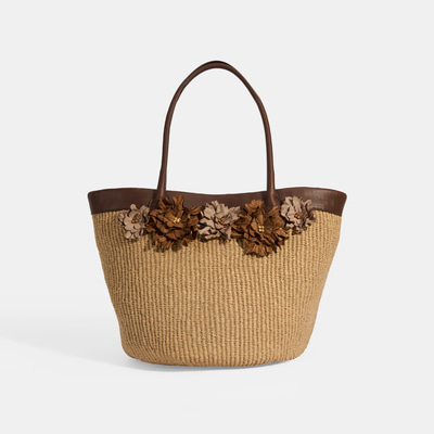 Kadın Kahve Çiçek Detaylı Hasır Omuz Çantası