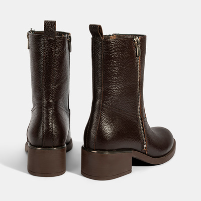 Kadın Kahve Fermuarlı Deri Topuklu Bot