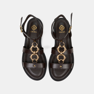 Kadın Kahve Gold Aksesuar Detaylı Deri Sandalet