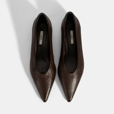 Kadın Kahve İnce Kısa Topuklu Deri Ayakkabı