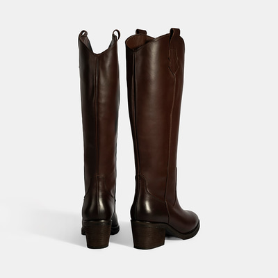 Kadın Kahve Kalın Topuklu Deri Çizme