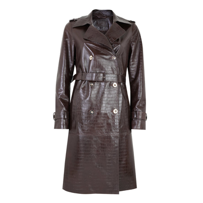 Kadın Kahve Kroko Baskılı Deri Trençkot