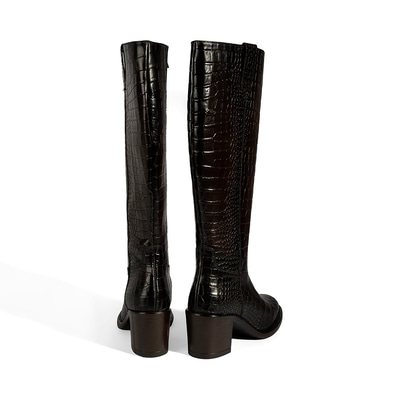 Kadın Kahve Kroko Baskılı Kalın Topuklu Deri Çizme