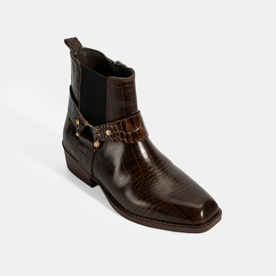 Kadın Kahve Kroko Baskılı Lastik Detaylı Deri Bot