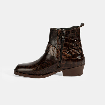 Kadın Kahve Kroko Baskılı Lastik Detaylı Deri Bot