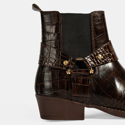 Kadın Kahve Kroko Baskılı Lastik Detaylı Deri Bot