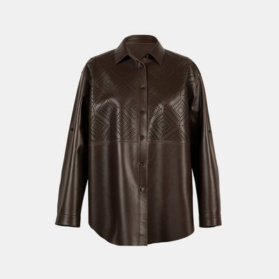 Kadın Kahve Lazer Kesimli Geometrik Desenli Deri Gömlek