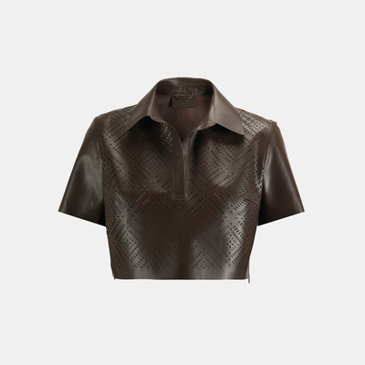 Kadın Kahve Lazer Kesimli Kısa Perforeli Deri Gömlek
