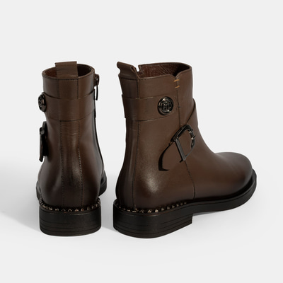 Kadın Kahve Metal Toka Detaylı Deri Bot