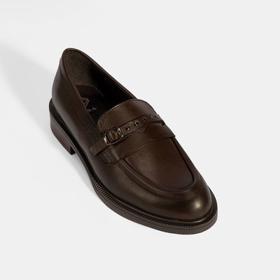 Kadın Kahve Metal Toka Detaylı Deri Loafer