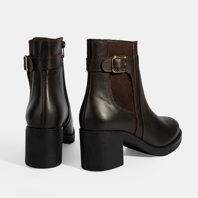 Kadın Kahve Metal Toka Detaylı Topuklu Deri Bot