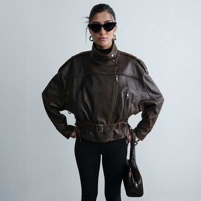 Kadın Kahve Oversize Kemerli Biker Deri Ceket