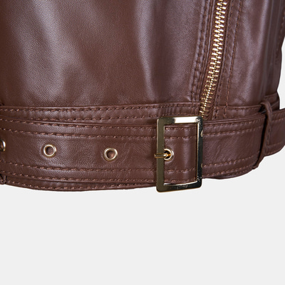 Kadın Kahve Yakalı Deri Biker Ceket