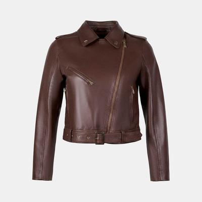 Kadın Kahve Yakalı Deri Biker Ceket