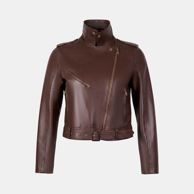 Kadın Kahve Yakalı Deri Biker Ceket