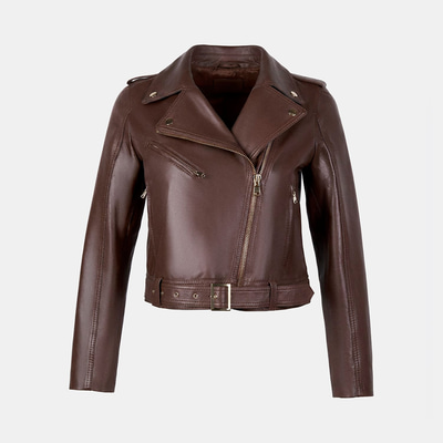 Kadın Kahve Yakalı Deri Biker Ceket