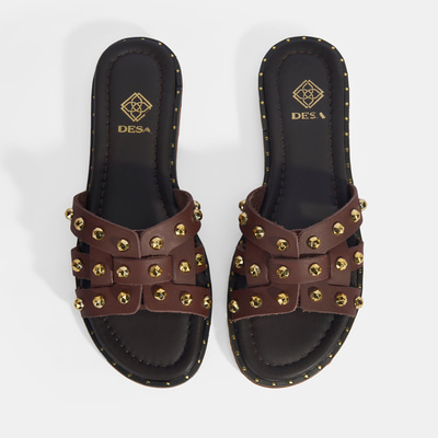 Kadın Kahve Zımba Detaylı Deri Terlik