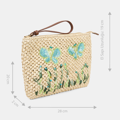 Kadın Kelebek Detaylı Hasır Clutch Çanta
