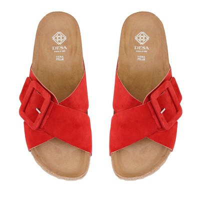 Kadın Kırmızı Ayarlanabilir Tokalı Süet Deri Terlik