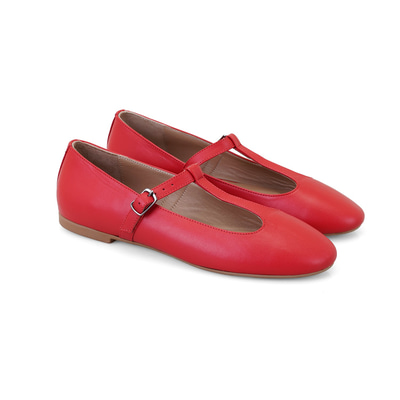 Kadın Kırmızı T-Bant Mary Jane Deri Babet