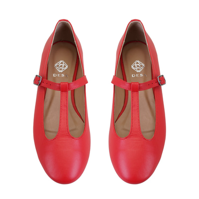 Kadın Kırmızı T-Bant Mary Jane Deri Babet