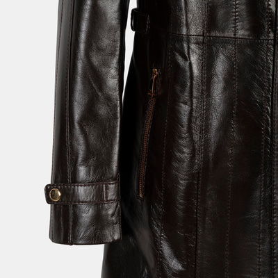 Kadın Koyu Kahve Hakim Yakalı Kapüşonlu Deri Kaban