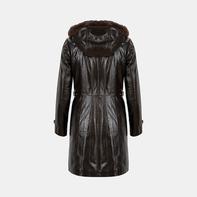 Kadın Koyu Kahve Hakim Yakalı Kapüşonlu Deri Kaban