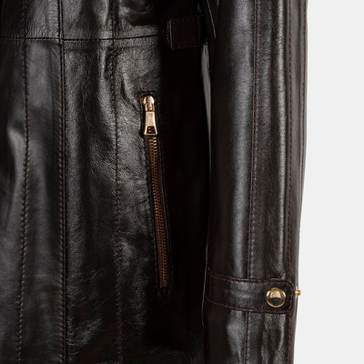 Kadın Koyu Kahve Hakim Yakalı Kapüşonlu Deri Kaban