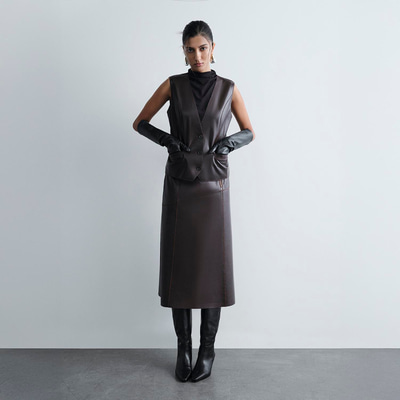 Kadın Koyu Kahve Midi Boy Deri Etek