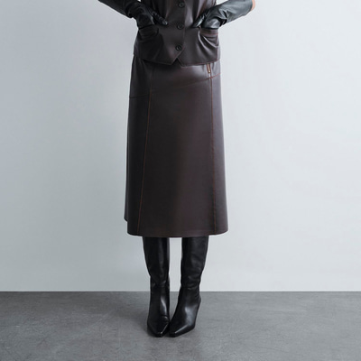 Kadın Koyu Kahve Midi Boy Deri Etek