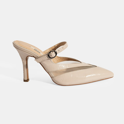 Kadın Krem Ayarlanabilir Tokalı Deri Abiye Topuklu Terlik